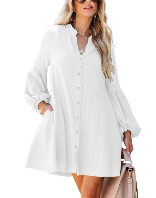 Uincloset Women's Long Sleeve Button Down Tunic Dresses Causal V Neck Mini Dress with Pockets (White,Medium,Adult,Female,US,Alpha,Medium,Regular,Regular)