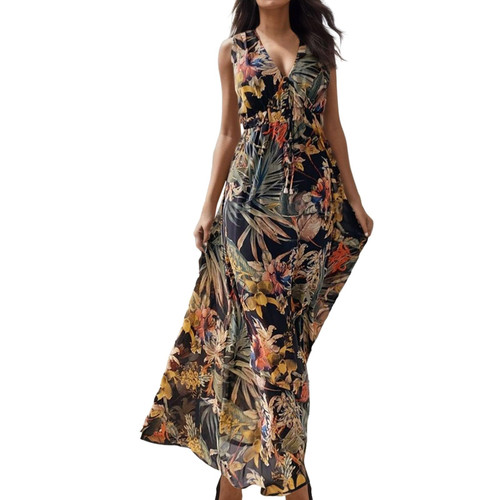 Women's Summer Swing Dresses V Neck Sleeveless Beach Dress Casual Boho Floral Tunic Sundress Loose Flowy Sun Dress Black