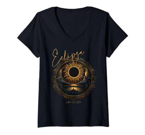 Womens Total Solar Eclipse April 2024 Tshirt Totality Sun Watching V-Neck T-Shirt