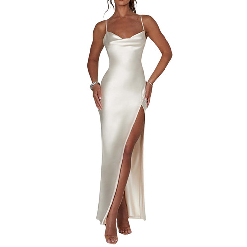 Women Spaghetti Strap Satin Maxi Dress Sleeveless Cowl Neck High Slit Silk Dress Sexy Backless Bodycon Party Dress (White, S)