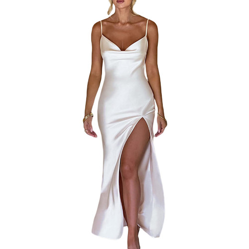 Women's Sleeveless Satin Bodycon Long Dress Spaghetti Strap Cowl Neck Midi Dress High Split Party Dress (White, M)