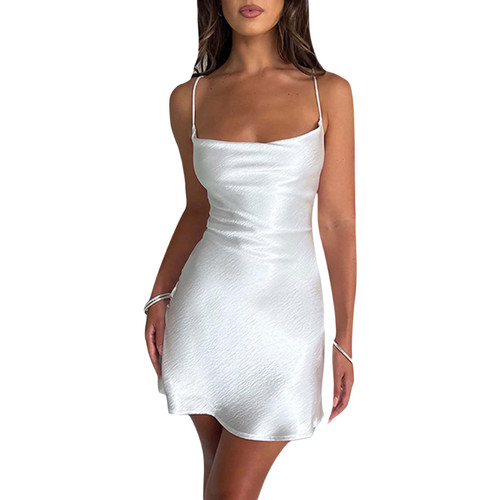 BHGHB Women's Satin Sleeveless Spaghetti Strap Mini Dress Slim Fit Backless Ruched Lowl Neck Cocktail Party Dresses (White, S)