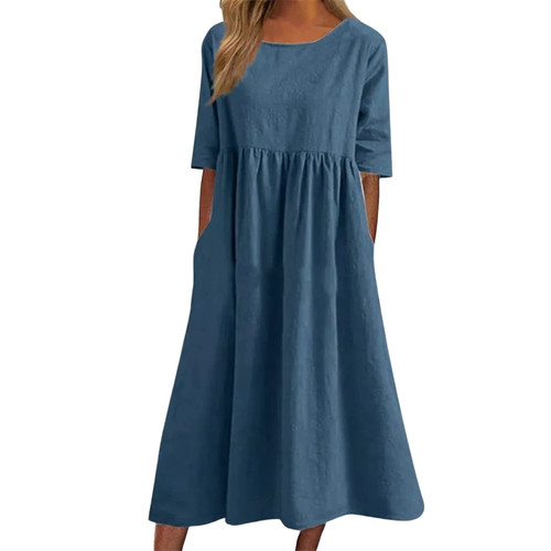 Formal Dresses for Women Evening Party 2023 Women Cotton Linen Dress Short Sleeve Crewneck Pocket Dress Casual Dresses Dark Blue