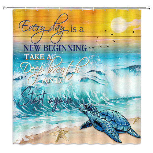 YSSFAV Beach Inspirational Quote Shower Curtain Green Ocean Sea Turtle Coastal Sunset Summer Bathroom Decor Curtains Set with Hook