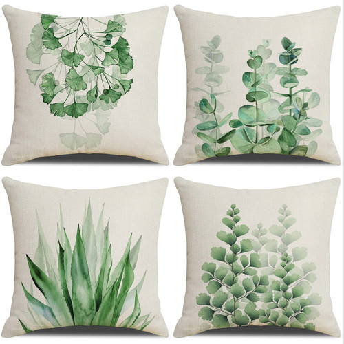 Eeatour Green Plant Linen Throw Pillow Covers Set of 4 Decorative Green Succulent Leaves Square Pillow Cases 18x18 Inches Farmhouse Spring Green Plants Cushion Covers for Sofa Couch Home Decoration