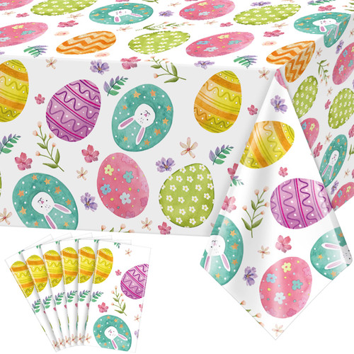 6 Pack Easter Tablecloth Party Decorations, Easter Eggs Bunny Plastic Tablecloth Table Decor, Watercolor Spring Easter Disposable Rectangle Table Cover for Home, Kitchen, Dining Room, 54 x 108 Inch