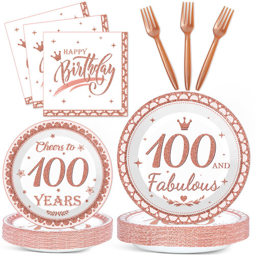 Wiooffen 96Pcs 100th Birthday Decorations for Women Rose Gold Paper Plates and Napkins Forks Set Disposable 100th Birthday Party Supplies Tableware Fabulous Dinnerware Table Decor for Women Serves 24