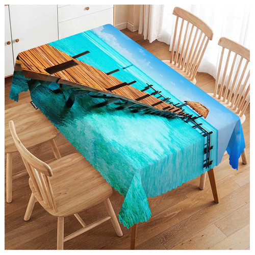 Swono Wooden Dock Rectangular Tablecloth Ocean Beach Tropical Island Seashore Washable Table Cloth Kitchen Dining Room Table Cover for Party Dinner 50x72 Inch Tablecloths
