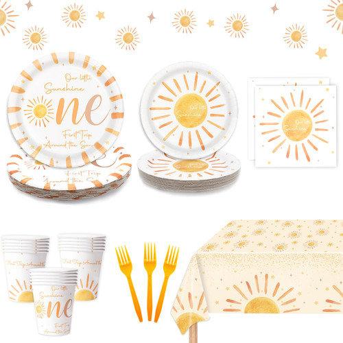 First Trip Around the Sun 1st Birthday Decorations Bohemian Hippie Sunshine Theme Party Tableware Includes Paper Plates Cups Napkins Forks Tablecloth for Baby Shower Party, Serves 24