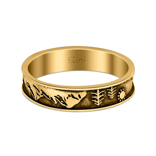 Blue Apple Co. Yellow Tone, Sterling Silver Size-10 Mountains & Trees Ring Oxidized Band Solid 925 Sterling Silver Thumb Ring