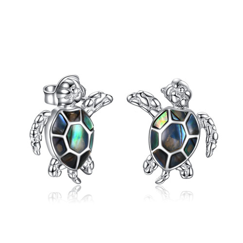 POPLYKE Sea Turtle Earring for Women Sterling Silver Abalone Shell Turtle Stud Earrings Gifts for Girls Mother Daughter(silver-turtle)