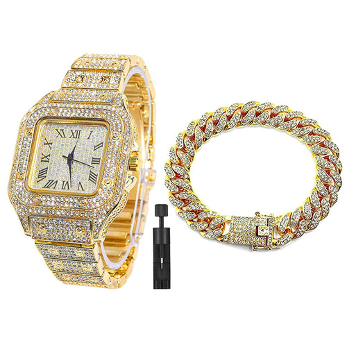 Apzzic Diamond Watch Iced Out CZ Gold Plated Cuban Link Watch Square Dial Quartz Wristband Analog Wrist Watch with Gold Cuban Link Bracelet for Men Women Gold Color