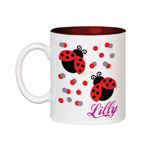 Personalized Custom Text Two Cute Ladybugs Ceramic Inner Color Cup Coffee Mug Red