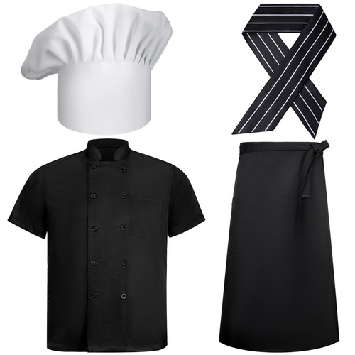 Mepase 4 Pieces Hibachi Chef Costume Hibachi Chef Hat Coat Apron Tie for Halloween Hibachi Party (Black, White, Large)