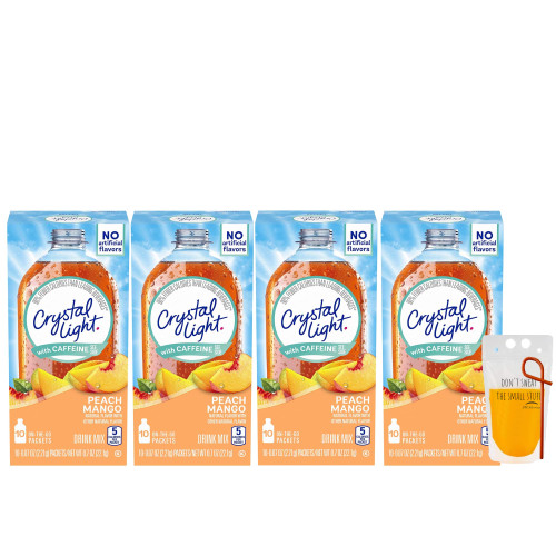 Crystal Light Peach Mango On The Go Drink Packets With Caffeine, 10 Low Calorie No Sugar Energy Water Enhancer packets in Each Box (Pack of 4 Boxes) Bundle with Pouch and Straw