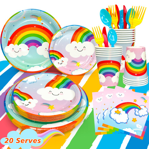 Rainbow Party Supplies,141Pcs Rainbow Party Tableware Set - Rainbow Plates Cups Napkins Table Cloths for Baby Shower,Carnival Themed Rainbow Birthday Party Supplies,Serves 20 Guests