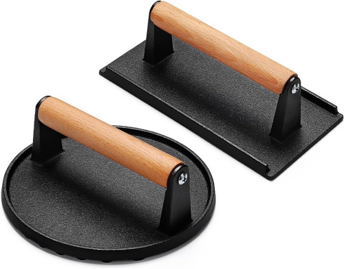 STIEKIET Smash Burger Press, Burger Press for Griddle 7" Round & 8.2"X4.3" Rectangle Heavy-Duty Cast Iron Smash Bacon Press Meat Steak with Wood Handle for Griddle, Smash Burgers, Bacon, Grill