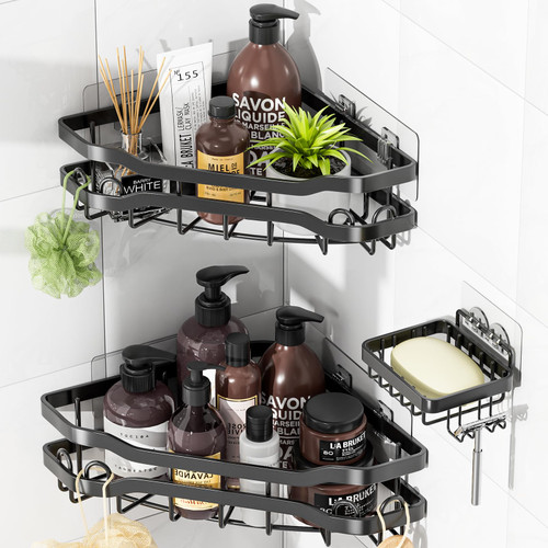 TOPCHASE Corner Shower Caddy, 2 Pack Shower Organizer and Soap Holder, 12 Hooks, Adhesive Shower Shelf for Inside Shower, No Drilling Stainless Steel Black Shower Rack Bathroom Shower Storage Basket