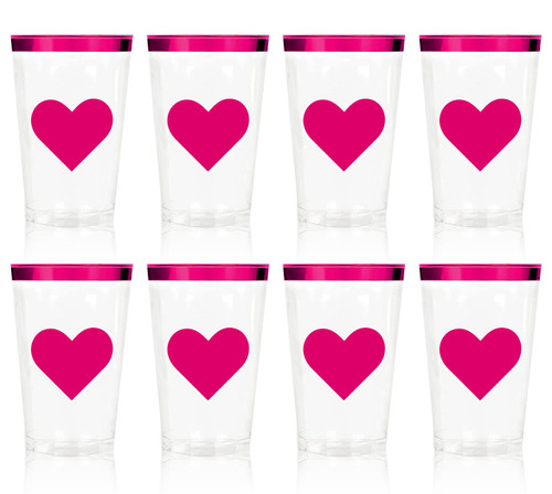 Whaline 32 Pack Valentine's Day Plastic Cups Rose Pink Heart Clear Plastic Cups with Foil Rim Disposable Party Cups for Wedding Anniversary Party Supplies, 12oz