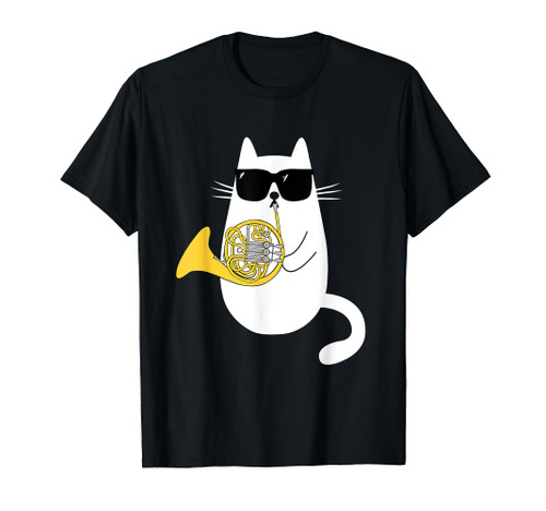 Funny Cat Wearing Sunglasses Playing French Horn Musician T-Shirt