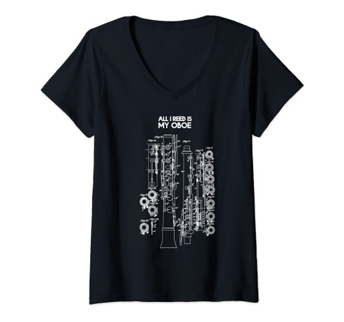 Womens Oboe Reed Instrument Orchestra Wind Player Drawing Oboist V-Neck T-Shirt
