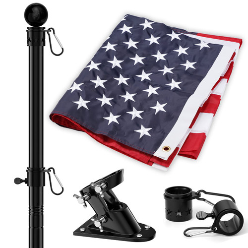 American Flag and Flag Pole for House Outside, 5ft Heavy Duty Flag Pole Kit with 3x5 Embroidered USA Flag, Tangle Free Steel Black Flag Pole with Bracket for Residential, Commercial, Outdoors Garden