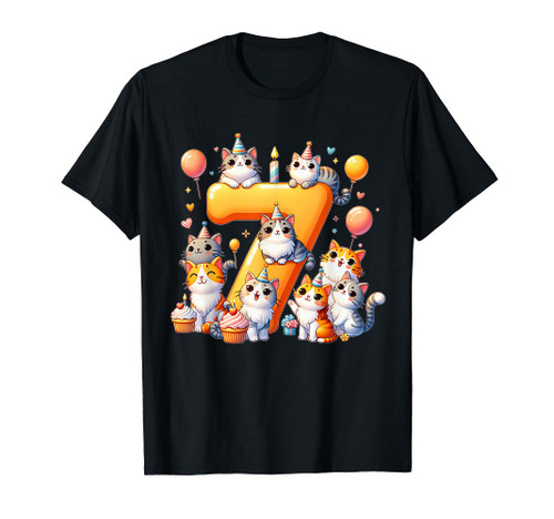 Cat Kitty Lover Kid 7th Birthday Party Seven 7 Year Old T-Shirt