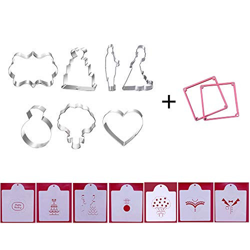 Wedding Themed Cookie Biscuit Fondant Cake Mold - Set of 16-7Pcs Cookie Cutter, 7Pcs Matching Stencils and 2 Pcs Matching Cookie Stencils Frame Wedding Themed Cookie Biscuit Fondant Cake Mold - Set of 16-7Pcs Cookie Cutter, 7Pcs Matching Stencils and 2 Pcs Matching Cookie Stencils Frame