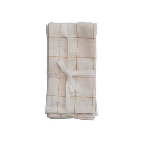 Creative Co-Op 18' Square Cotton Napkins w/Grid Pattern & Metallic Gold Thread, Cream Color, Set of 4