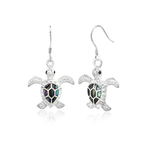 Sterling Silver Abalone Paua Shell Turtle Dangle Hook Earrings