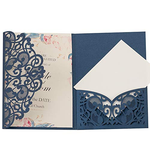 20 PCS 3 Folds Laser Cut Flower Lace Wedding Invitations Cards for Wedding Bridal Shower Engagement Birthday Graduation Invitation Cards Blue