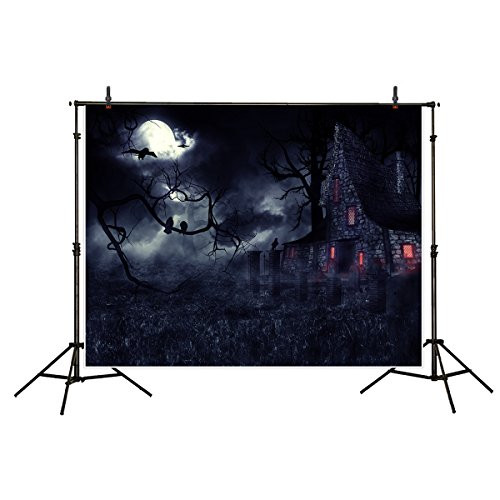Funnytree 7x5ft Halloween Backdrop for Photography Party Decoration Haunted House Dark Night Pale Moon Cemetery Gloomy Wizard Twisted Trees Polyester Background Photobooth Photo Studio Props