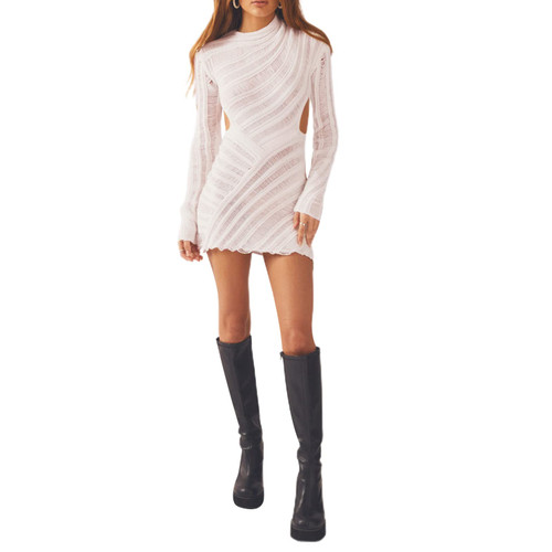 Women Y2K Sexy Mini Dress Long Sleeve Backless Slim Fit Bodycon Short Dresses Vintage Sheer Mesh Casual Streetwear (White, S)