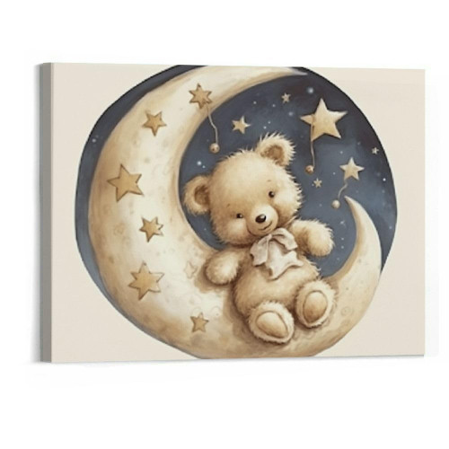 BCIIG Bear Nursery Wall Art Decor Teddy Bear Canvas Wall Art Baby Boy Nursery Prints Nursery Pictures Wall Decor Moon Star Cloud Neutral Nursery Print for Girls Children Room 20x16in Unframed