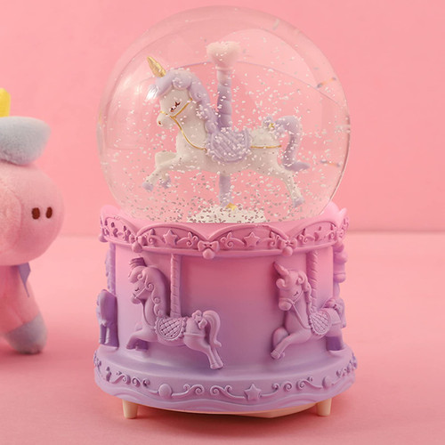 Musical Snow Globe, AVEKI 3.94 Inches Unicorn Carousel Snow Globe with Music Color Changing Automatic Snowfall Unicorn Music Box Gift for Girls Kids Granddaughters Birthday Christmas New Year (Purple)