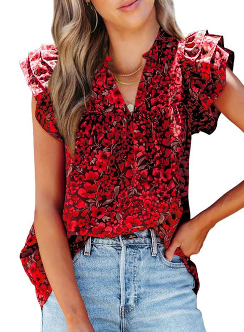 SHEWIN Cute Tops for Women Trendy Fashion 2024 Ruffle Short Sleeve V Neck Casual Summer Clothes for Women Red XX-Large