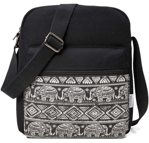 VASCHY Crossbody Bag Purse for Women, Cute Canvas Small Messenger Shoulder Bag for Women in Black Elephants