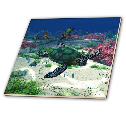3dRose ct_172910_1 Sea Turtle Swims Through The Ocean with Tropic Fishes Corals and More-Ceramic Tile, 4-Inch