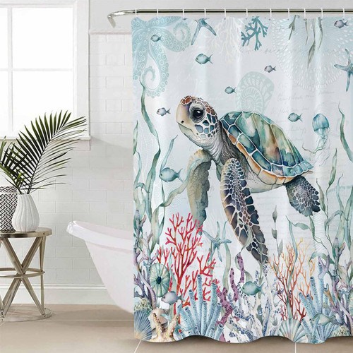 Pinroote Sea Turtle Shower Curtain, Nautical Coastal Stall Shower Curtains for Bathroom/Bathtub, Blue Summer Beach Coral Ocean Waterproof Fabric Shower Curtain Set with 12 Hooks, Small 36" x 72"