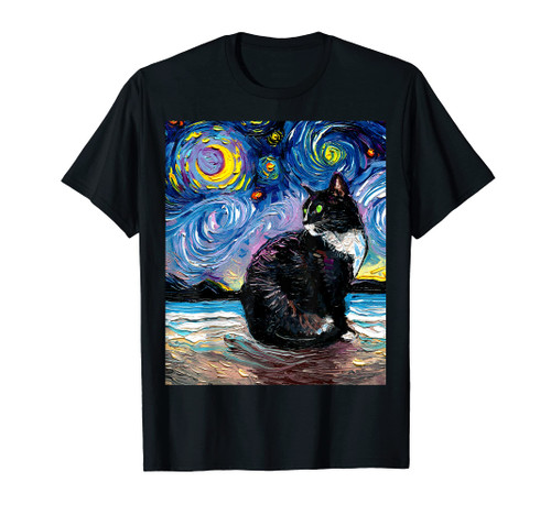 Tuxedo Cat Green Eyes White Nose Beach Starry Night Art Aja T-Shirt