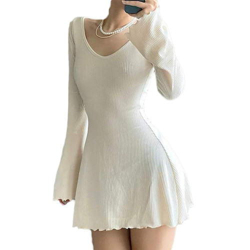 Raruxxin Women's Off Shoulder Knit Mini Dress Long Sleeve Bodycon Sweater Wrap Dress Y2k Fairy Punk Aesthetic Fall Streetwear C White