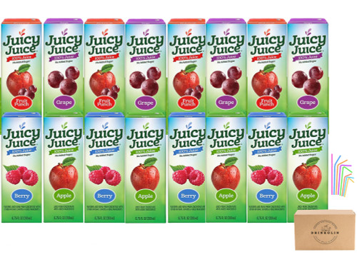 Drinkolin Juicy Juice Variety, 16 ct - 6.75oz Juice Boxes, 4 of Each Flavor - with Drinkolin Straws