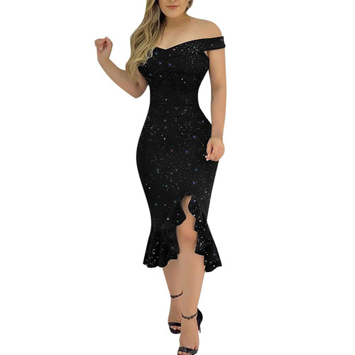 Fashion Spring Dresses for Women 2024 Off The Shoulder V Neck Midi Bodycon Slit Ruffle Sequin Dress Casual Summer Formal Party Club Cocktail Sexy Wrap Dresses Black S ZL194