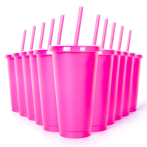 Whaline 12Pcs Hot Pink Reusable Cups with Flat Lids Straws 24 Oz Tumbler Plastic Travel Mug Cup Hot Pink Party Drinkware for Parties Iced Coffee Beverage Cold Hot Drinks Supply