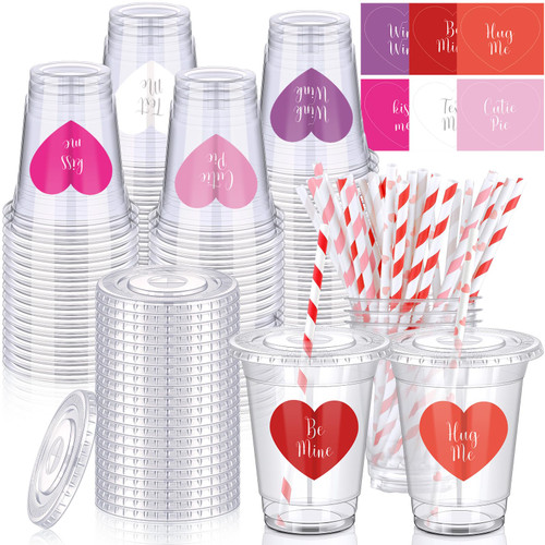 SiliFine 36 Sets Valentines Day Party Cups with Lids and Straws Heart Stickers Valentines Plastic Cups Clear 12oz Valentine's Day Disposable Cups for Coffee Juice Drinks Valentines Party Supplies
