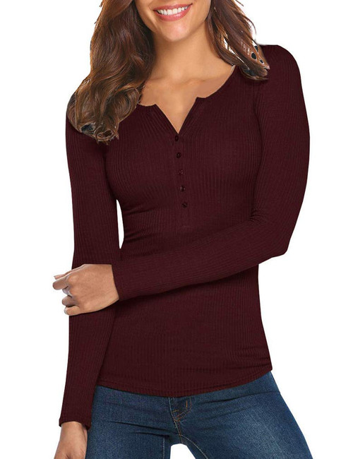 Tobrief Henley Shirts for Women Long Sleeve Solid Sexy V Neck Knit Ribbed Button Down Sweater Tops Wine Red,XL