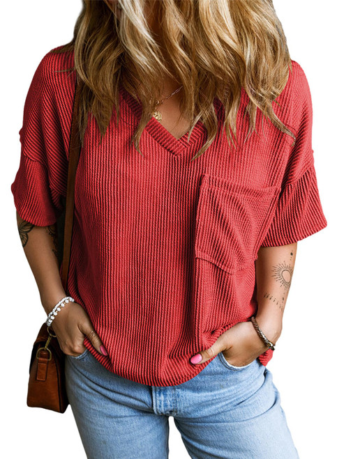 EVALESS Summer Clothes for Women Fashion 2024 Short Sleeve Red Shirts Womens Spring Tops Business Casual Outfits Trendy Waffle Knit Sexy V Neck Work Blouses Oversized Western T Shirts, XX-Large