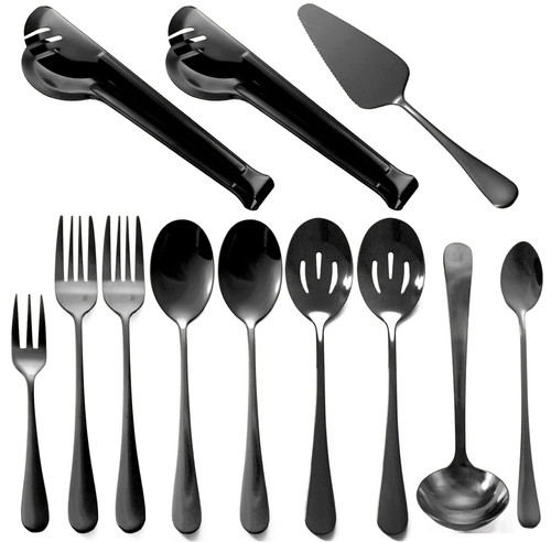 Black Serving Utensils Set 12 Pieces Stainless Steel Flatware Silverware Set, Includes Serving Spoon Slotted Spoons Serving Forks Soup Ladle Serving Tongs Pie Server for Buffet Party