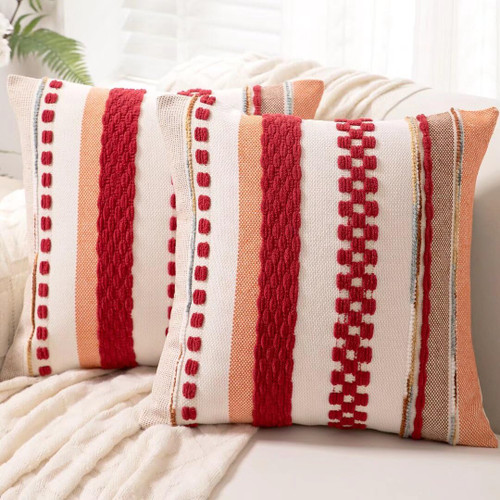 WANLIRD Boho Throw Pillow Covers 18x18 Set of 2 Farmhouse Decorative Cushion Case Striped Square Pillows Cover Chenille Pillow Cases Accent Neutral Pillowcase for Sofa Couch Bed,Red