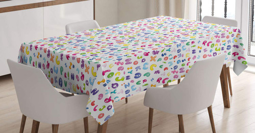 Ambesonne ABC Tablecloth, Colorful Alphabet ABC Bubble Letters Doodle Style Fun Design, Rectangular Table Cover for Dining Room Kitchen Decor, 52" X 70", Multicolor